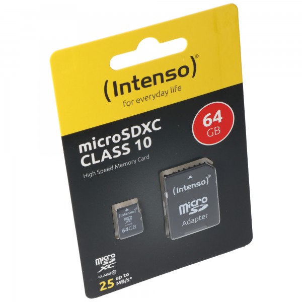Intenso microSDXC Card 64GB, Class 10 (R) 25MB/s, (W) 10MB/s, SD-Adapter, Retail-Blister