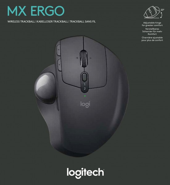 Logitech Maus MX Ergo, Wireless, Unifying, schwarz Optisch, 440 dpi, 8 Tasten, Trackball, Akku, Retail