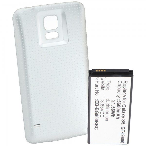 Akku für Samsung Galaxy S5, Samsung GT-I9600, Samsung GT-I9602, 5600mAh mit Deckel weiß
