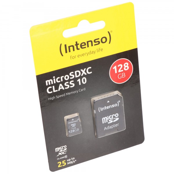 Intenso microSDXC Card 128GB, Class 10 (R) 25MB/s, (W) 10MB/s, SD-Adapter, Retail-Blister