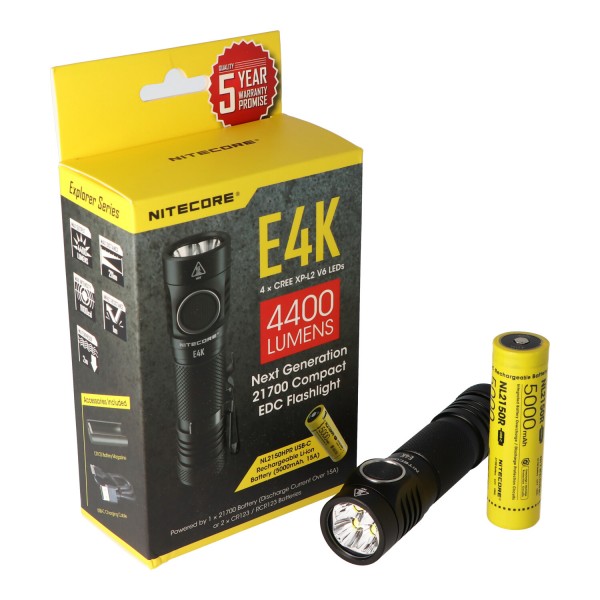 Nitecore E4K - 4400 Lumen NC-E4K LED-Taschenlampe mit bis zu 4400Lumen inkl. Akku und AkkuSafe