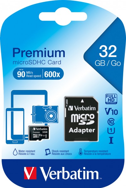Verbatim microSDHC Card 32GB, Premium, Class 10, U1 (R) 90MB/s, (W) 10MB/s, SD Adapter, Retail-Blister