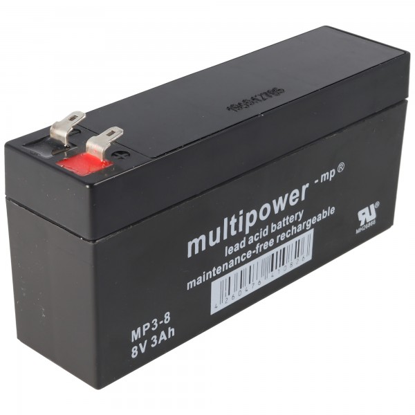 Multipower MP3-8 Blei-Akku 8 Volt 3000mAh mit 2 Faston 4,8mm Steckkontakten
