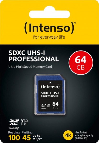 Intenso SDXC-Card 64GB, Professional, Class 10, U1, UHS-I (R) 100MB/s, (W) 45MB/s, Retail-Blister