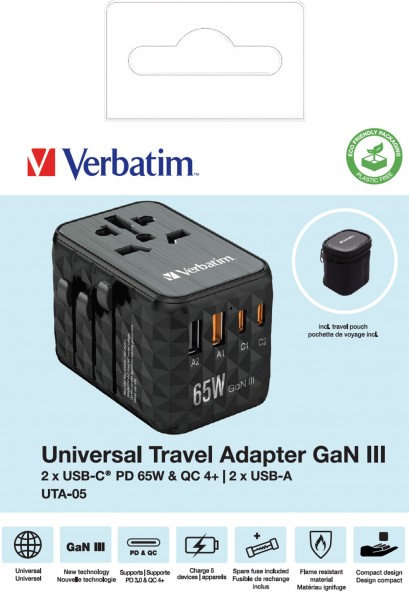 Verbatim Ladeadapter, Universal Travel, UTA-05, GaN III, 65W 1x USB-A, 1x USB-A QC, 2x USB-C PD, 100-250V, Retail