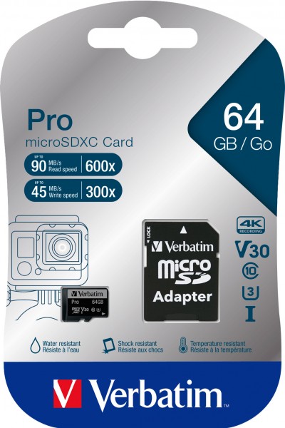 Verbatim microSDXC-Card 64GB, PRO, U3, UHS-I, 4K UHD (R) 90MB/s, (W) 45MB/s, SD Adapter, Retail-Blister